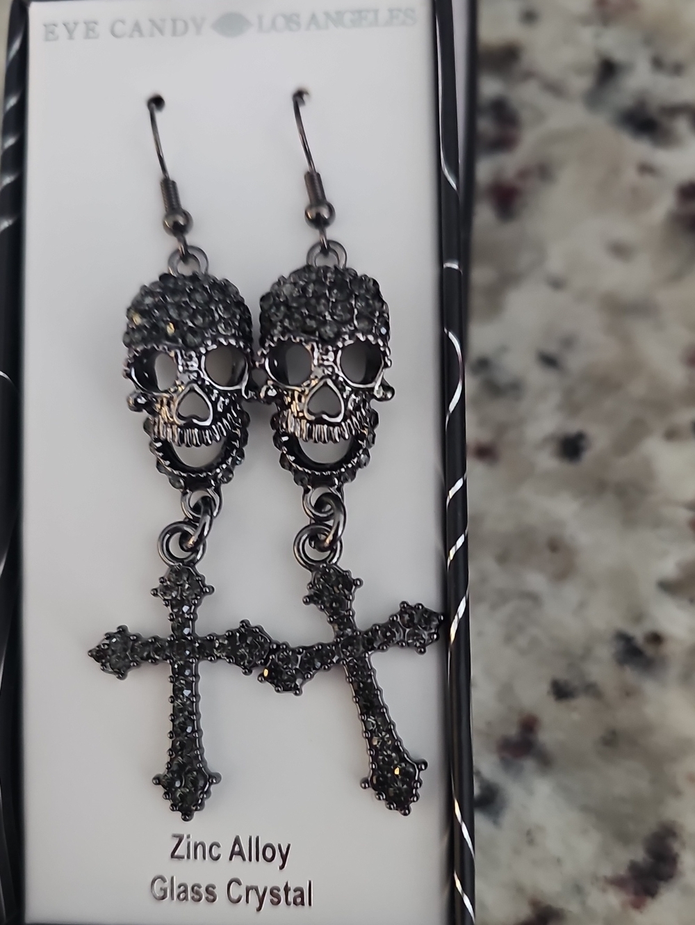 eye candy Black Crystal Skull and Cross Dangle Earrings